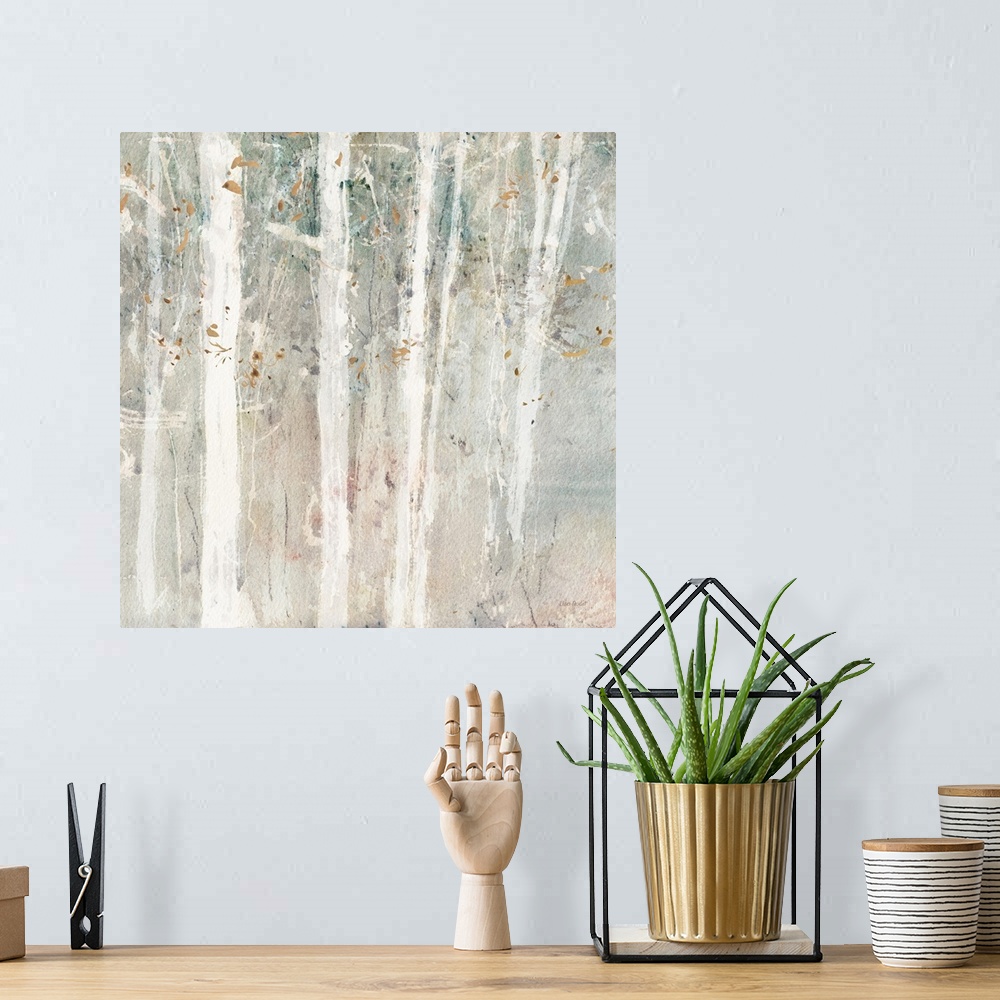 A bohemian room featuring A contemporary abstract landscape of white trees in the forest with a water-colored neutral backg...