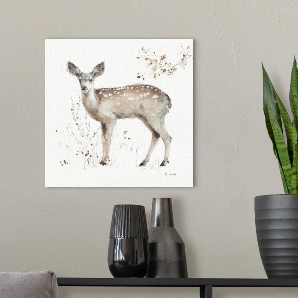 A modern room featuring Decorative artwork of a watercolor deer perched on a branch against a white background.