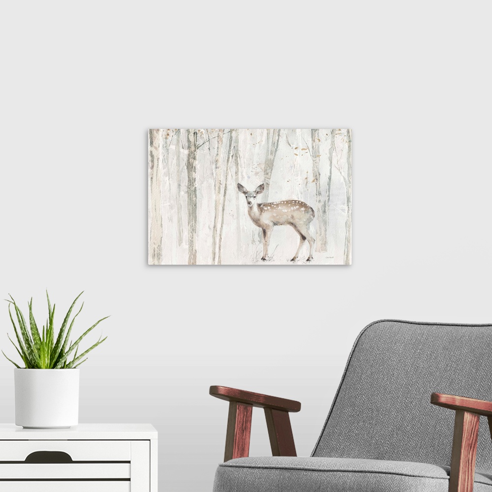 A modern room featuring A contemporary of a a young deer in front of a forest with a water-colored neutral background and...