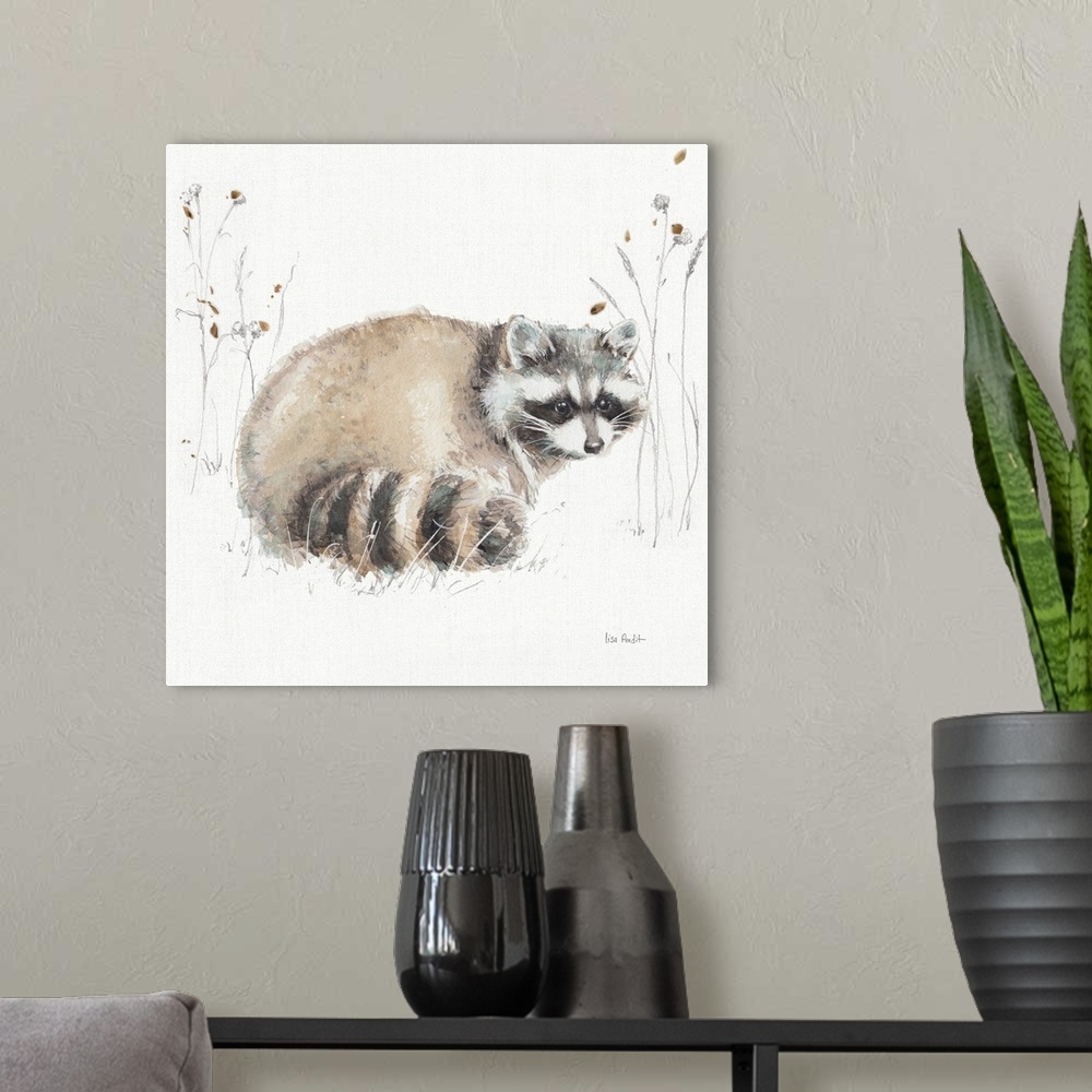 A modern room featuring Decorative artwork of a watercolor raccoon perched on a branch against a white background.
