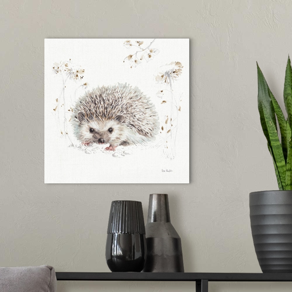A modern room featuring Decorative artwork of a watercolor hedgehog perched on a branch against a white background.
