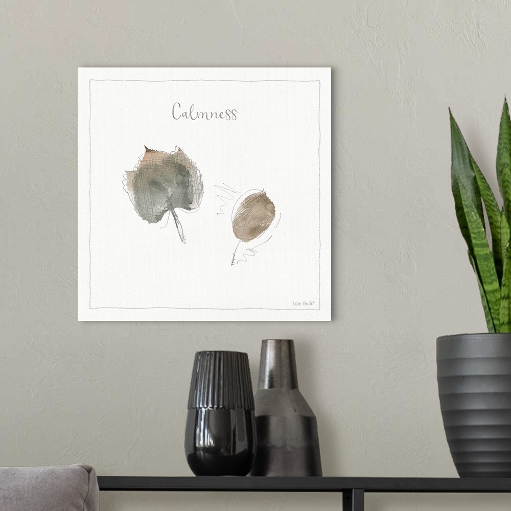 A modern room featuring Watercolor painting of a variety of types of leaves on an off white background with a thin line b...
