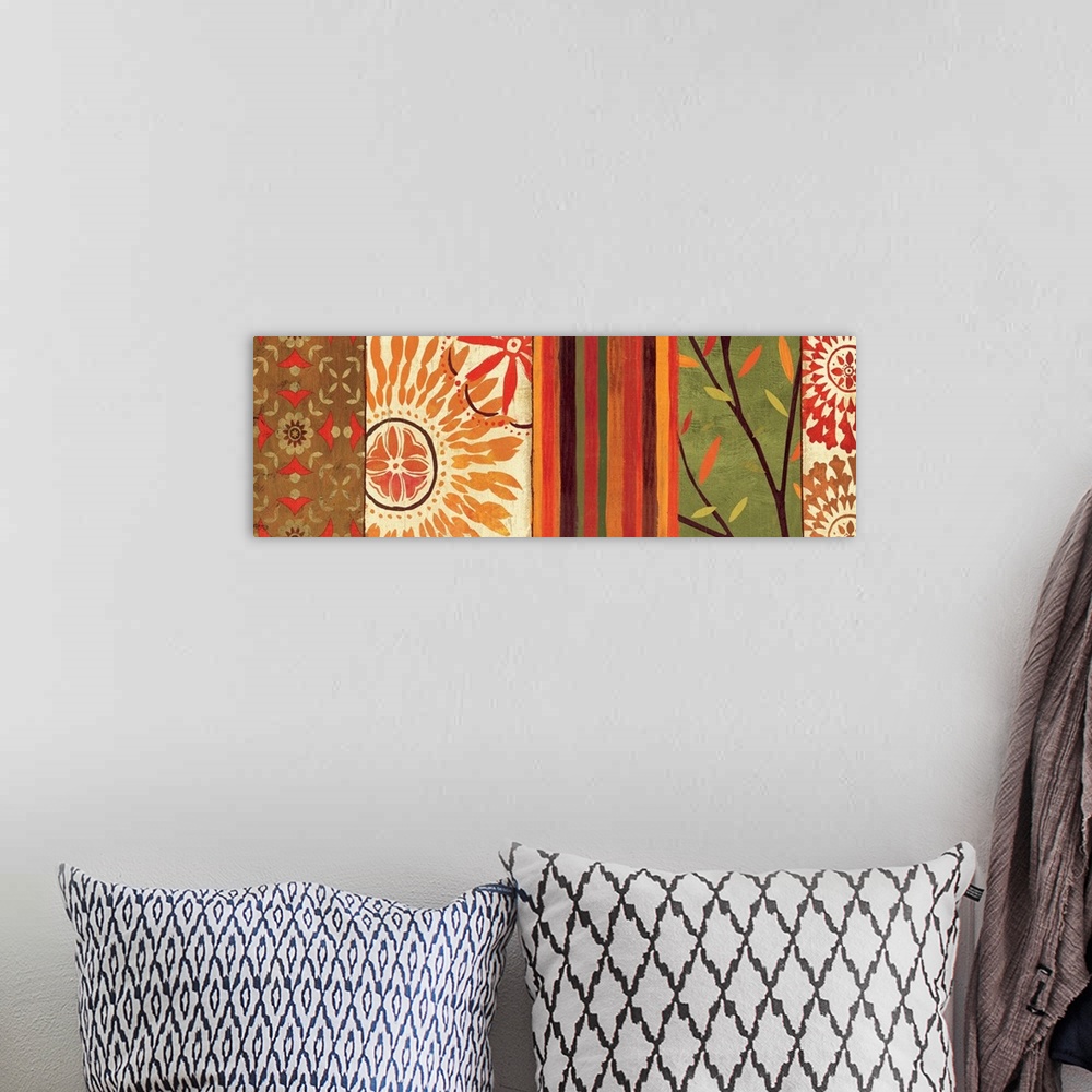 A bohemian room featuring Panoramic artwork of five colorful abstract patterns with flowers, branches, and stripes.