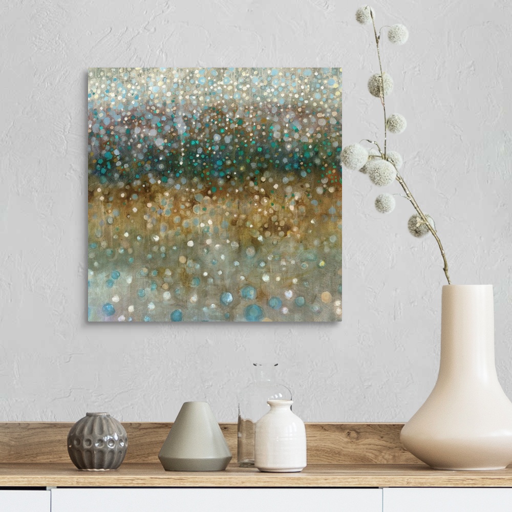 A farmhouse room featuring An abstract painting of what resembles glittering rain falling in blue and brown tones.