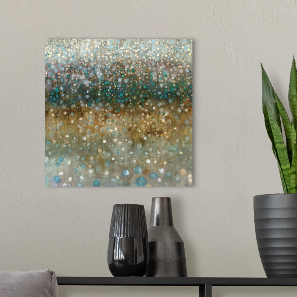A modern room featuring An abstract painting of what resembles glittering rain falling in blue and brown tones.