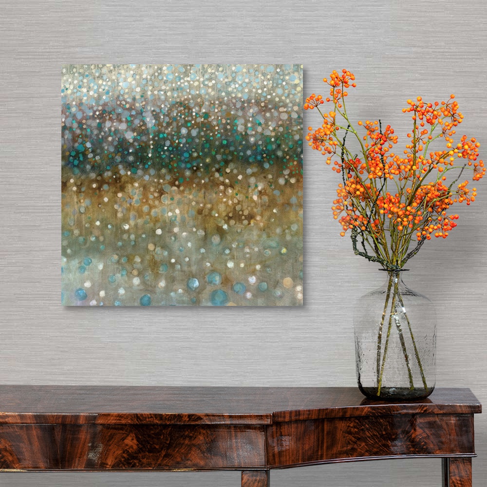A traditional room featuring An abstract painting of what resembles glittering rain falling in blue and brown tones.