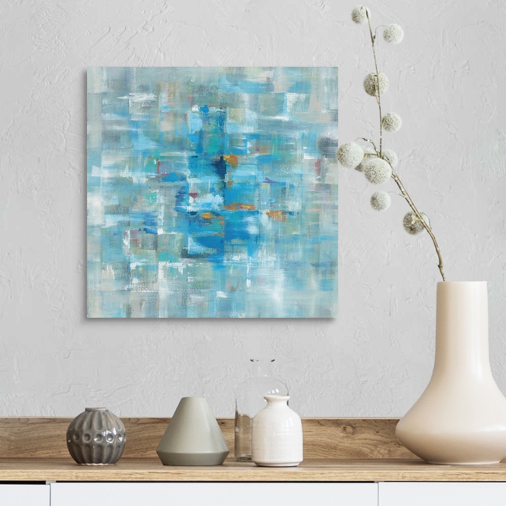 A farmhouse room featuring Abstract contemporary artwork in cool blue tones.