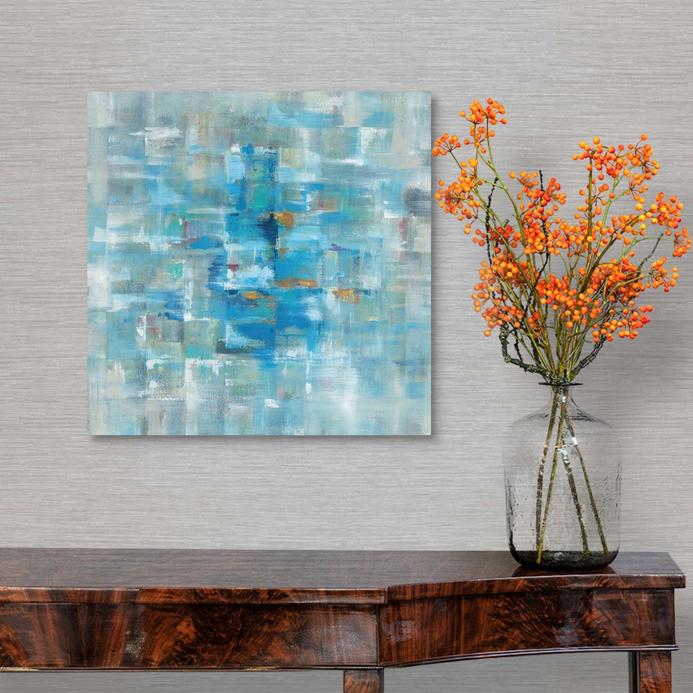 A traditional room featuring Abstract contemporary artwork in cool blue tones.