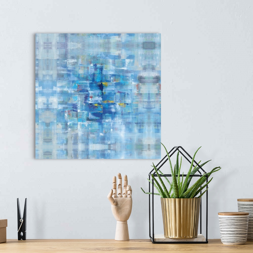A bohemian room featuring Abstract Squares Blue