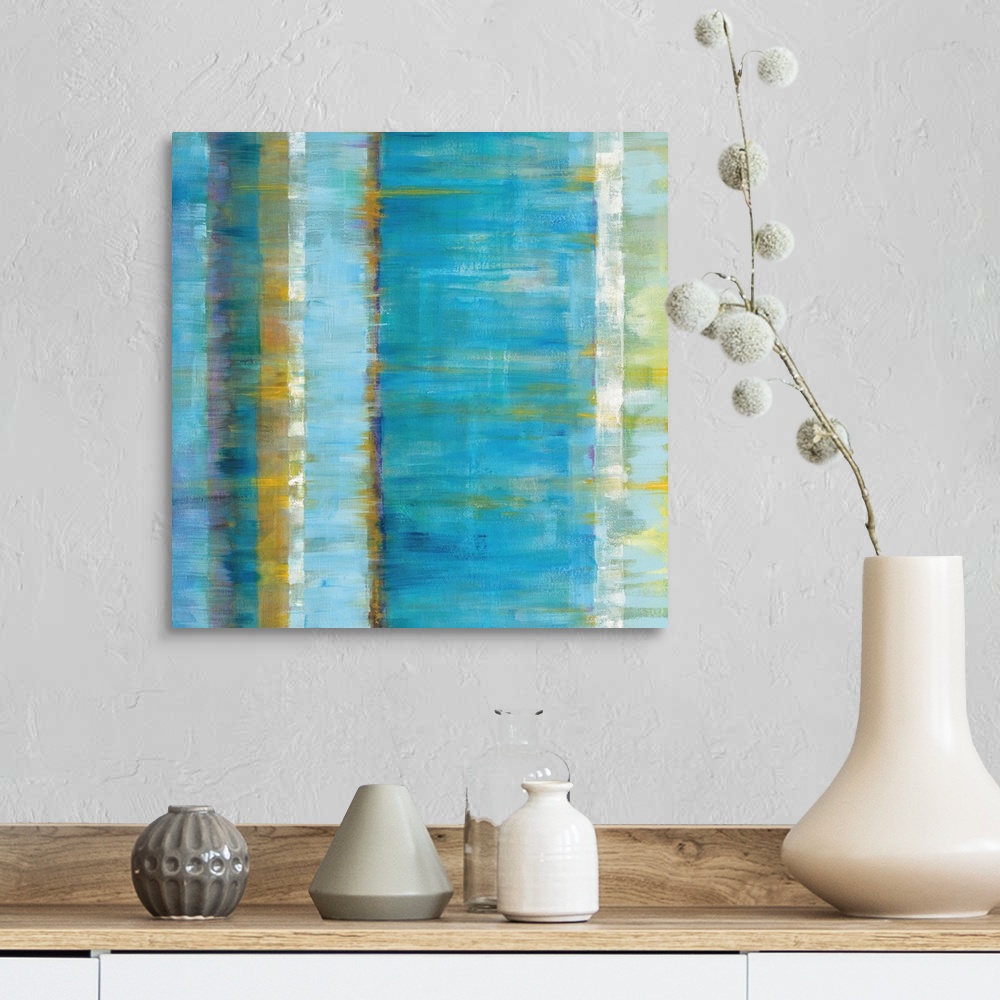 A farmhouse room featuring Abstract contemporary artwork in cool blue and golden tones.