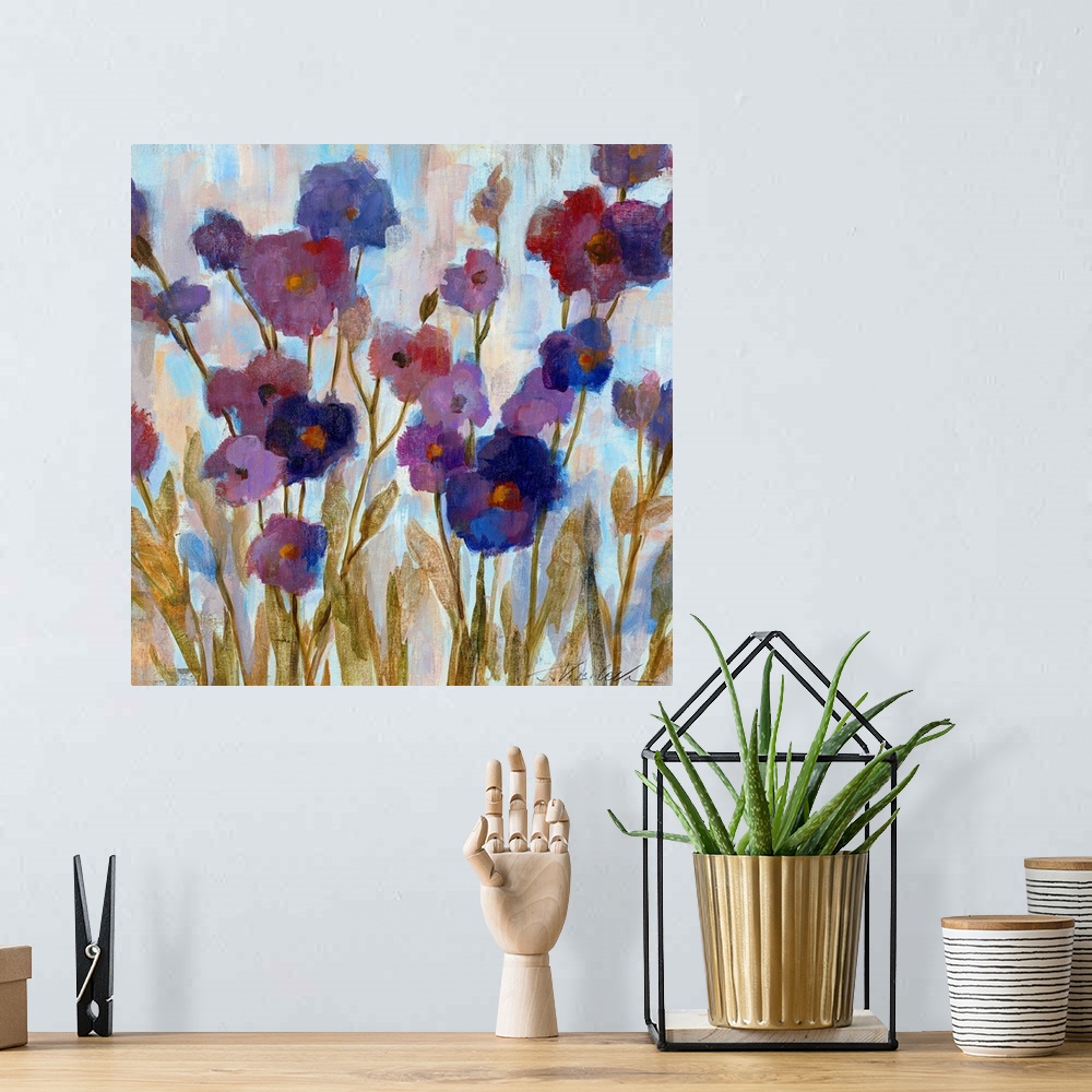 A bohemian room featuring Giant contemporary art shows a group of flowers with little detail set against a fairly bare back...