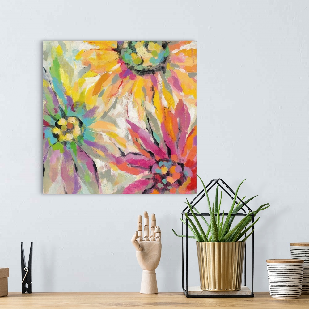A bohemian room featuring Contemporary painting of vibrant colorful flowers.