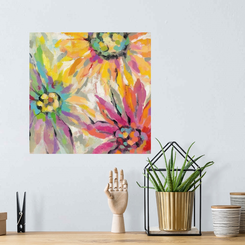 A bohemian room featuring Contemporary painting of vibrant colorful flowers.