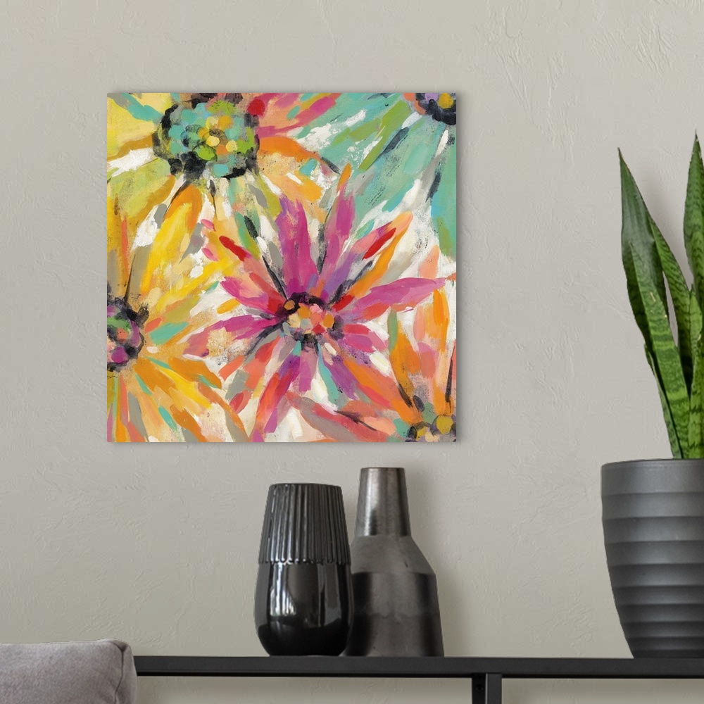 A modern room featuring Contemporary painting of vibrant colorful flowers.