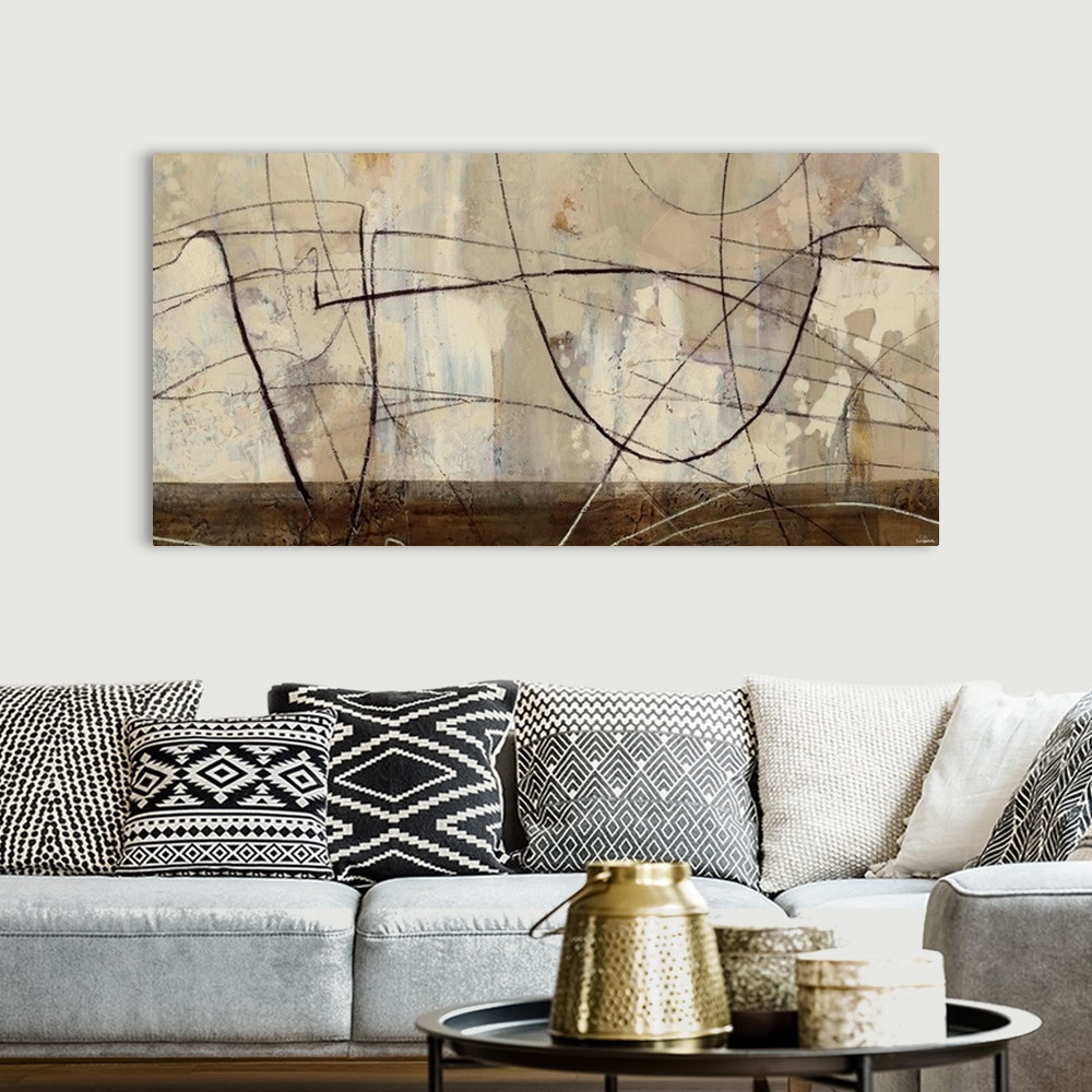 A bohemian room featuring Contemporary abstract painting in shades of brown with bold lines.
