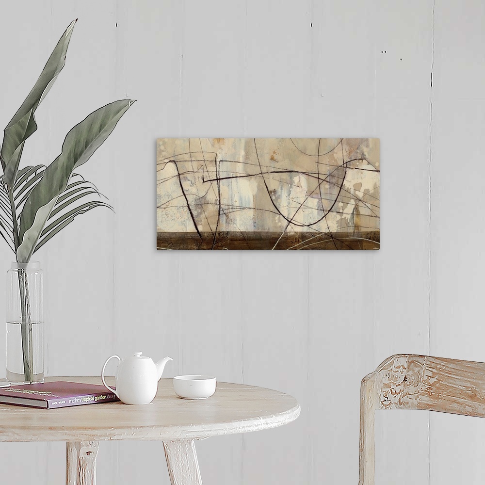 A farmhouse room featuring Contemporary abstract painting in shades of brown with bold lines.