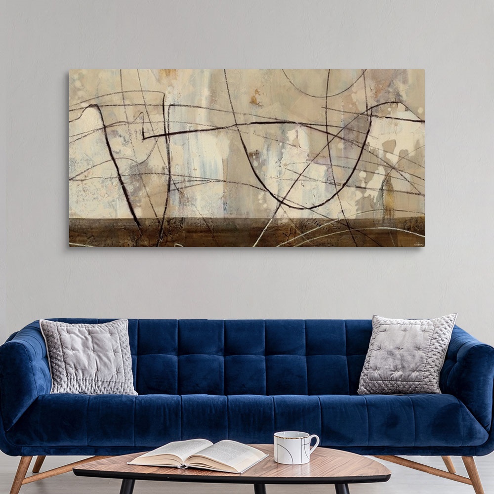 A modern room featuring Contemporary abstract painting in shades of brown with bold lines.