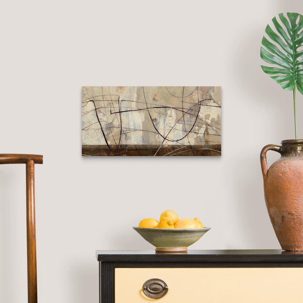 A traditional room featuring Contemporary abstract painting in shades of brown with bold lines.