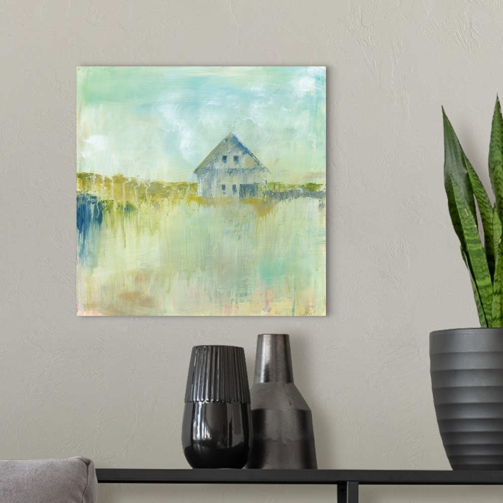 A modern room featuring Contemporary artwork of a a house across the fields featuring paint drips and vertical brush stro...