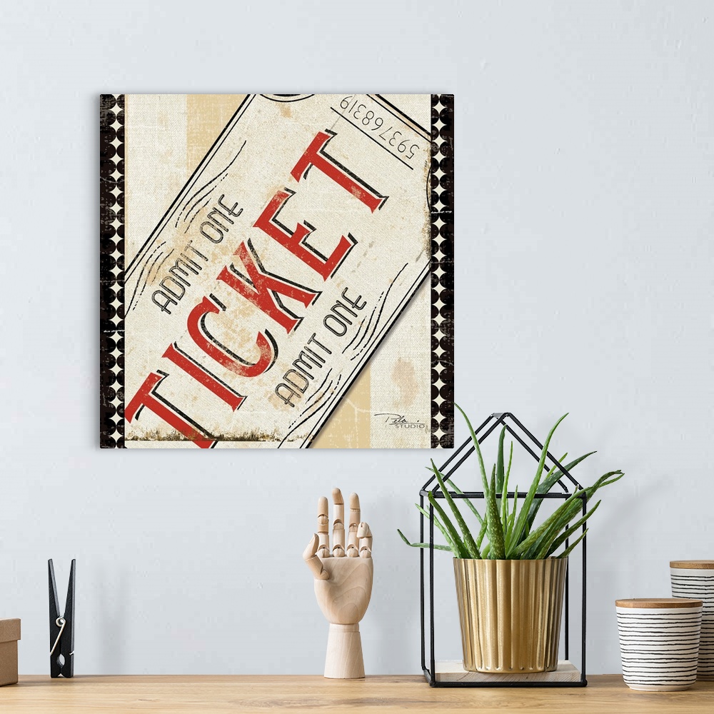 A bohemian room featuring Contemporary artwork of a close-up of a movie theater ticket.