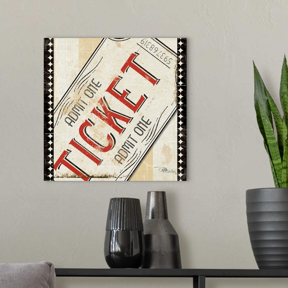 A modern room featuring Contemporary artwork of a close-up of a movie theater ticket.