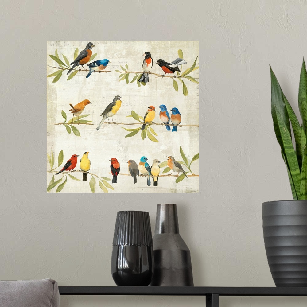 A modern room featuring Painting of three rows of branches filled with leaves and birds of different sizes and colors.