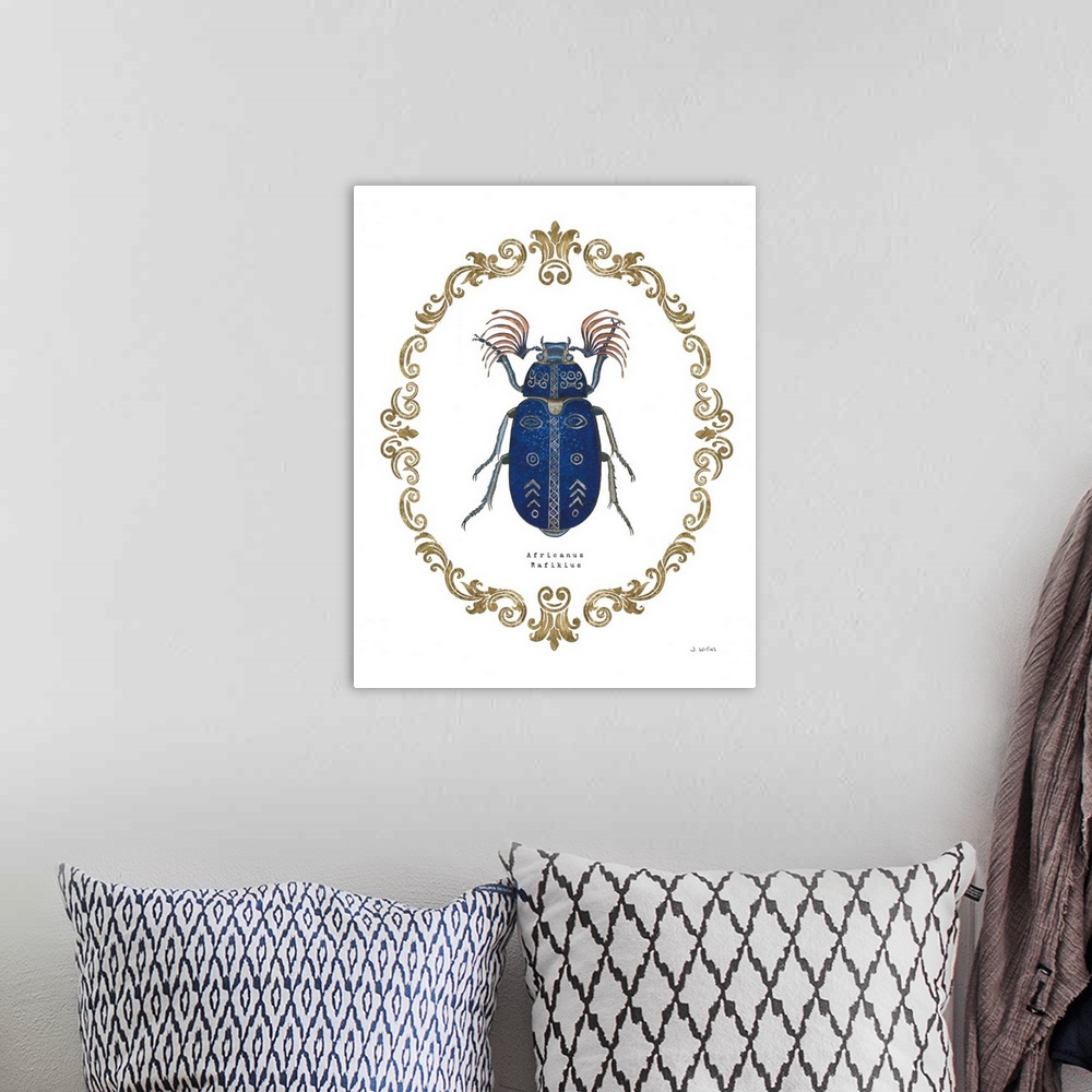 A bohemian room featuring Decorative artwork of beetle a surrounded by a baroque gold frame with the words, 'Africanus Rafi...