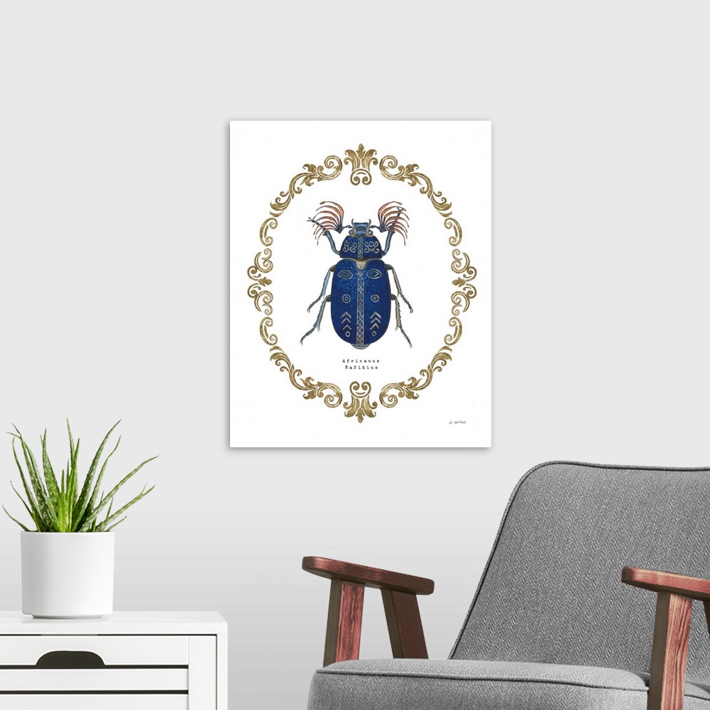 A modern room featuring Decorative artwork of beetle a surrounded by a baroque gold frame with the words, 'Africanus Rafi...