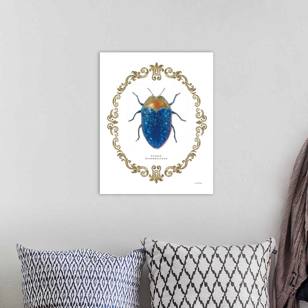 A bohemian room featuring Decorative artwork of beetle a surrounded by a baroque gold frame with the words, 'Cobalt Doorman...