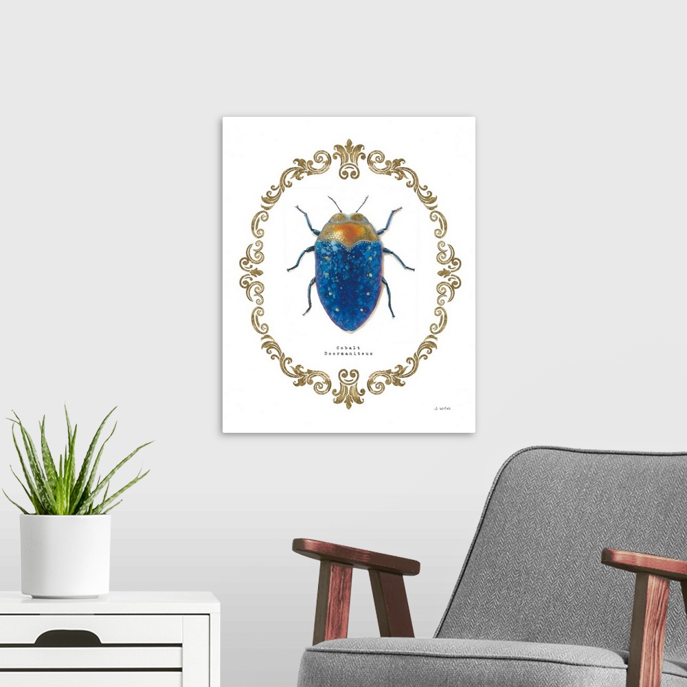 A modern room featuring Decorative artwork of beetle a surrounded by a baroque gold frame with the words, 'Cobalt Doorman...