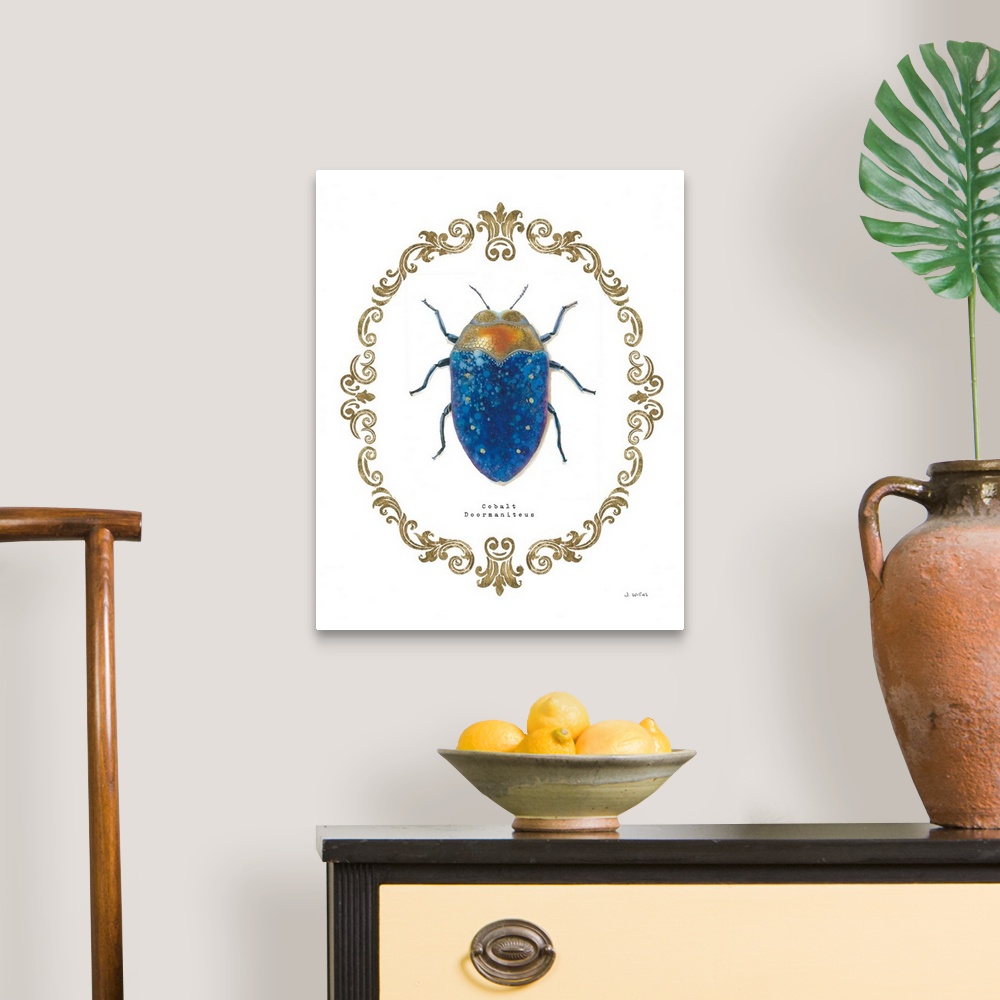 A traditional room featuring Decorative artwork of beetle a surrounded by a baroque gold frame with the words, 'Cobalt Doorman...