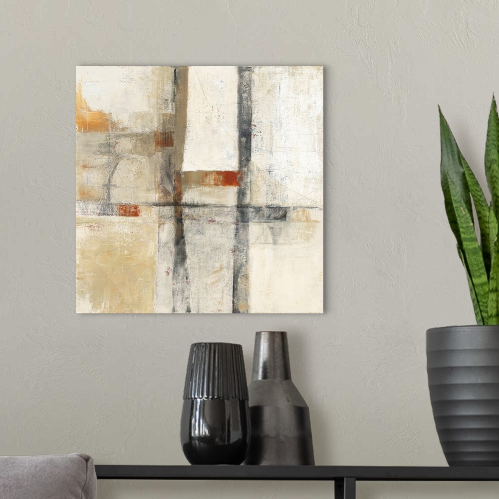 A modern room featuring A muted square abstract featuring square shapes and orange accents.