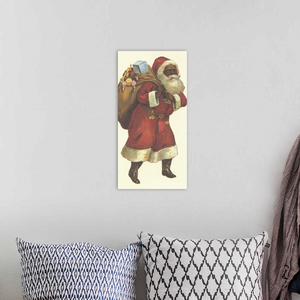 A bohemian room featuring Vintage illustration of Santa Claus carrying a bag full of presents.