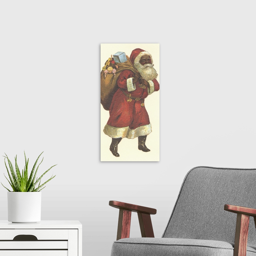 A modern room featuring Vintage illustration of Santa Claus carrying a bag full of presents.
