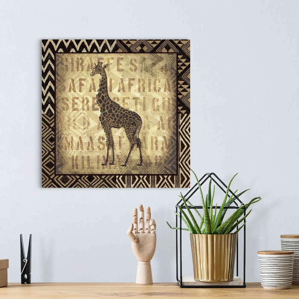 A bohemian room featuring Exotic looking animal art of a giraffe against a background with stenciled text and framed with t...