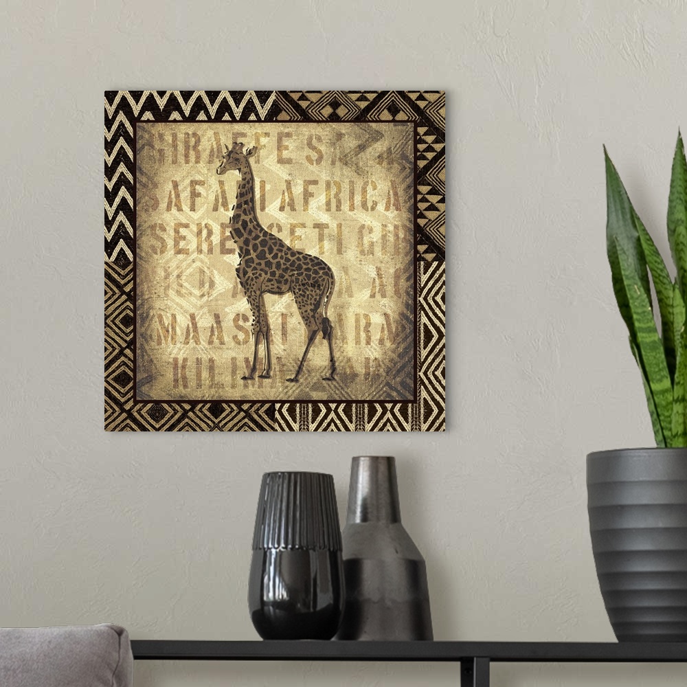 A modern room featuring Exotic looking animal art of a giraffe against a background with stenciled text and framed with t...