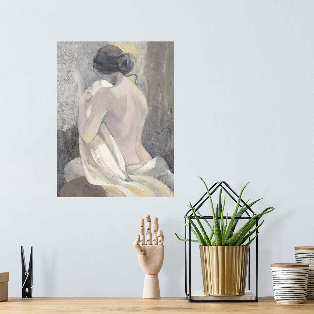 A bohemian room featuring Contemporary figurative painting of a nude woman with her back facing viewer.