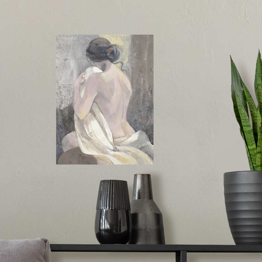 A modern room featuring Contemporary figurative painting of a nude woman with her back facing viewer.