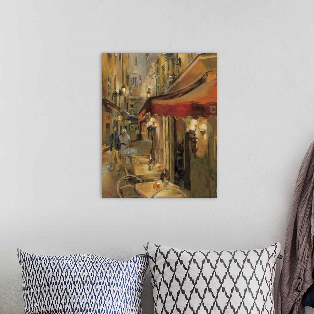 A bohemian room featuring Brushstroke painting of a couple walking the back streets near a cafo in a European town.