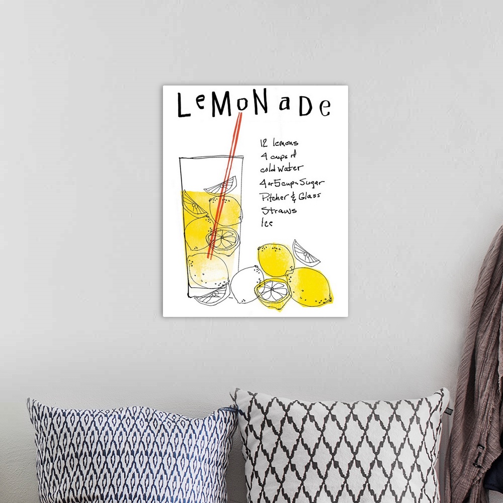 A bohemian room featuring This is a vertical illustration for the living room or kitchen of a hand drawn glass of lemonade ...