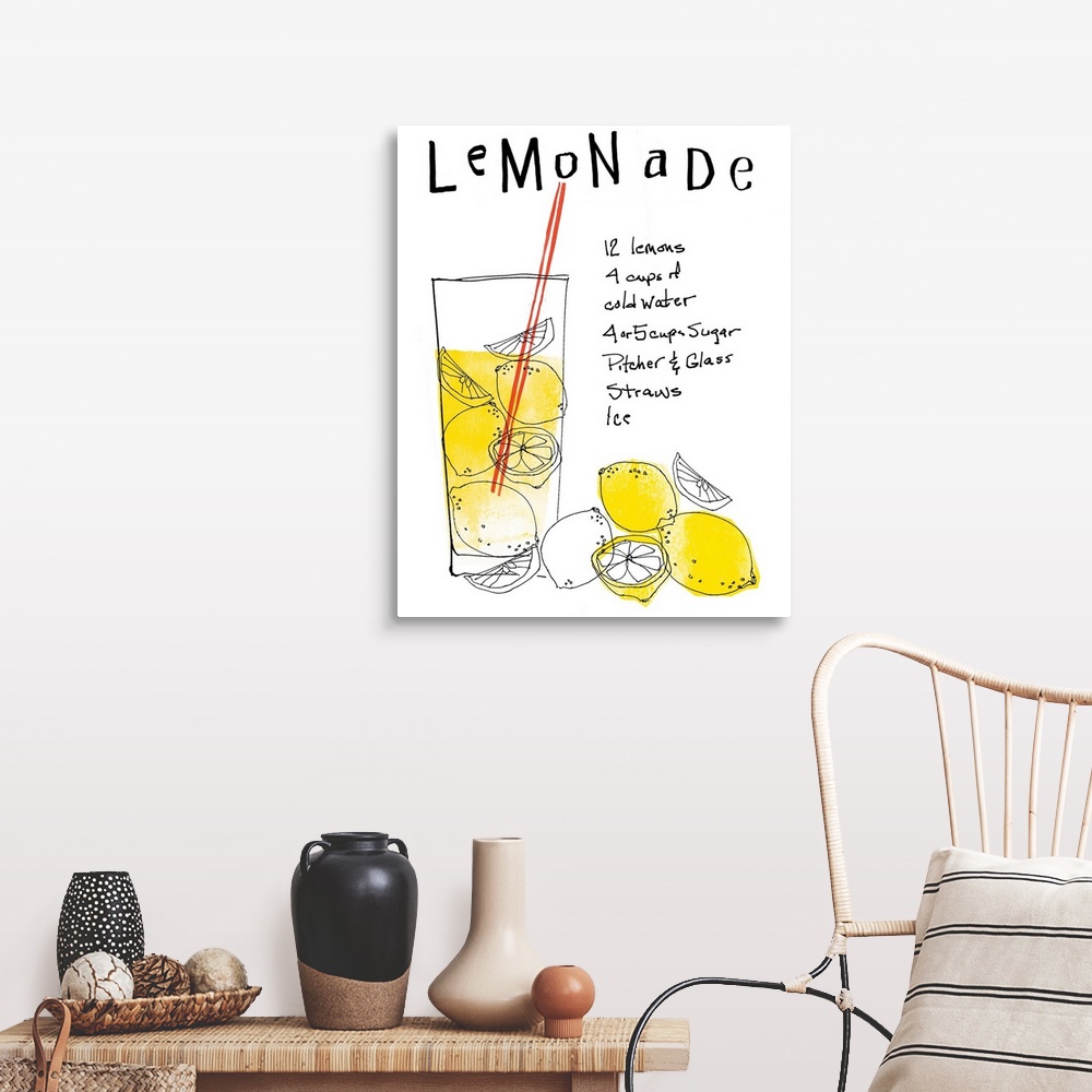 A farmhouse room featuring This is a vertical illustration for the living room or kitchen of a hand drawn glass of lemonade ...