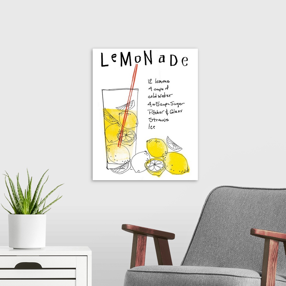 A modern room featuring This is a vertical illustration for the living room or kitchen of a hand drawn glass of lemonade ...