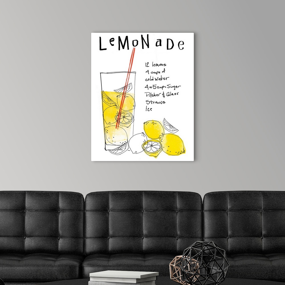 A modern room featuring This is a vertical illustration for the living room or kitchen of a hand drawn glass of lemonade ...