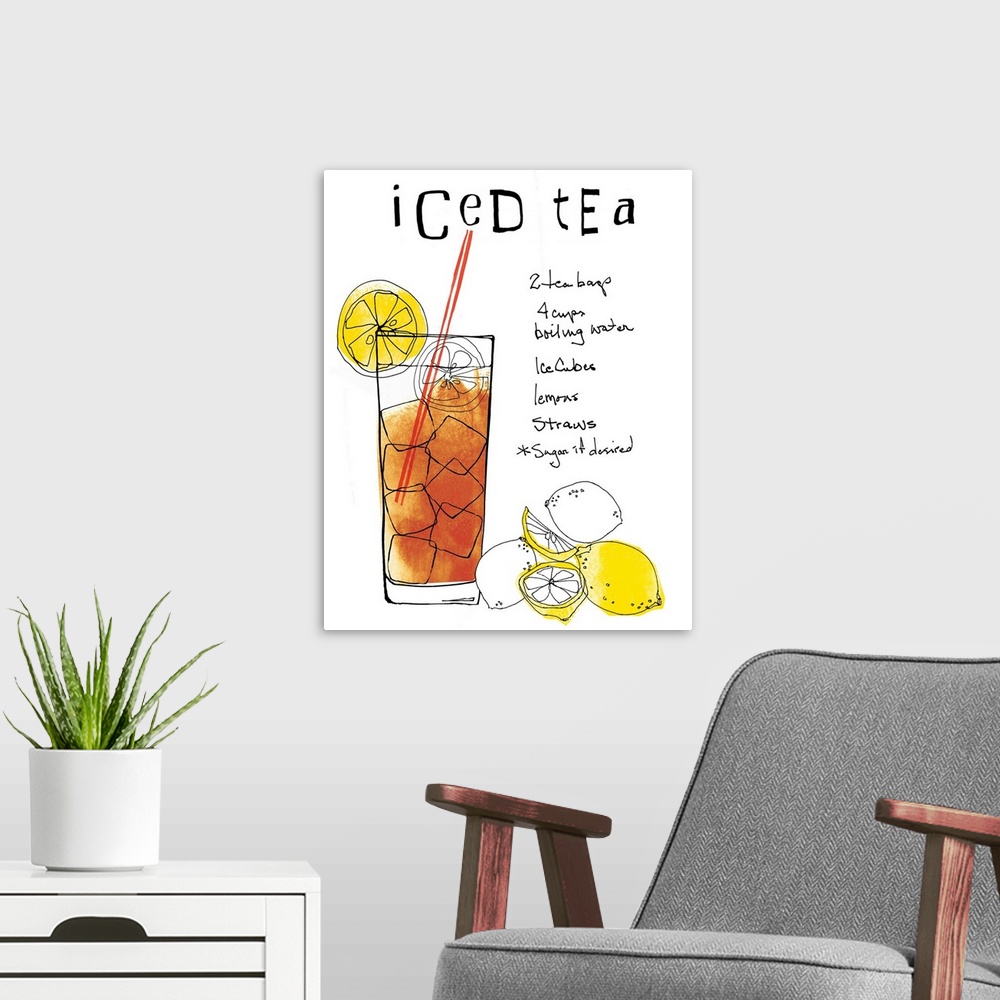 A modern room featuring This vertical decorative art for a kitchen or cafo gives hand written instructions for making ice...