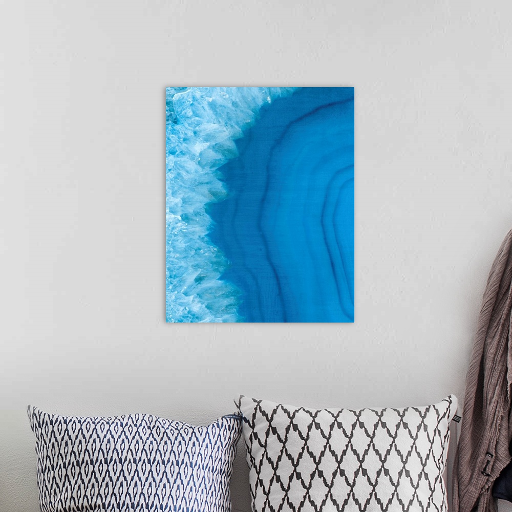 A bohemian room featuring Close up of a slice of blue agate stone.