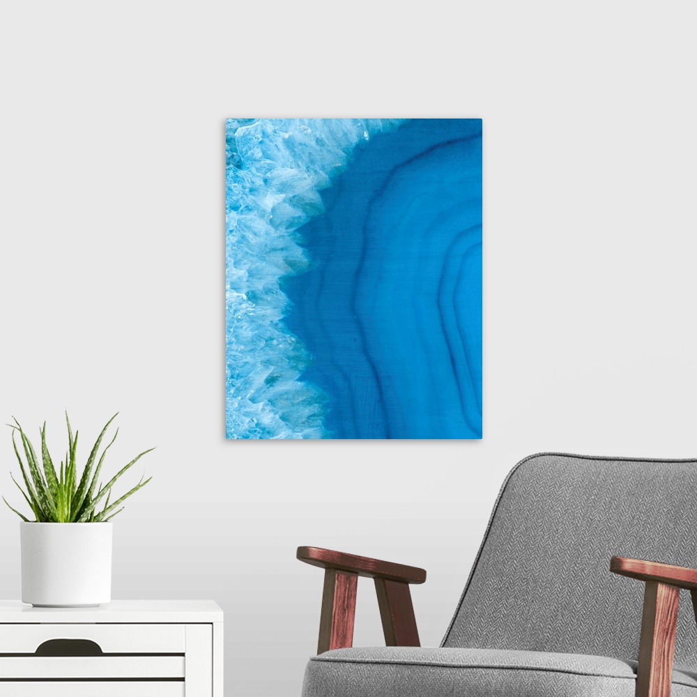 A modern room featuring Close up of a slice of blue agate stone.