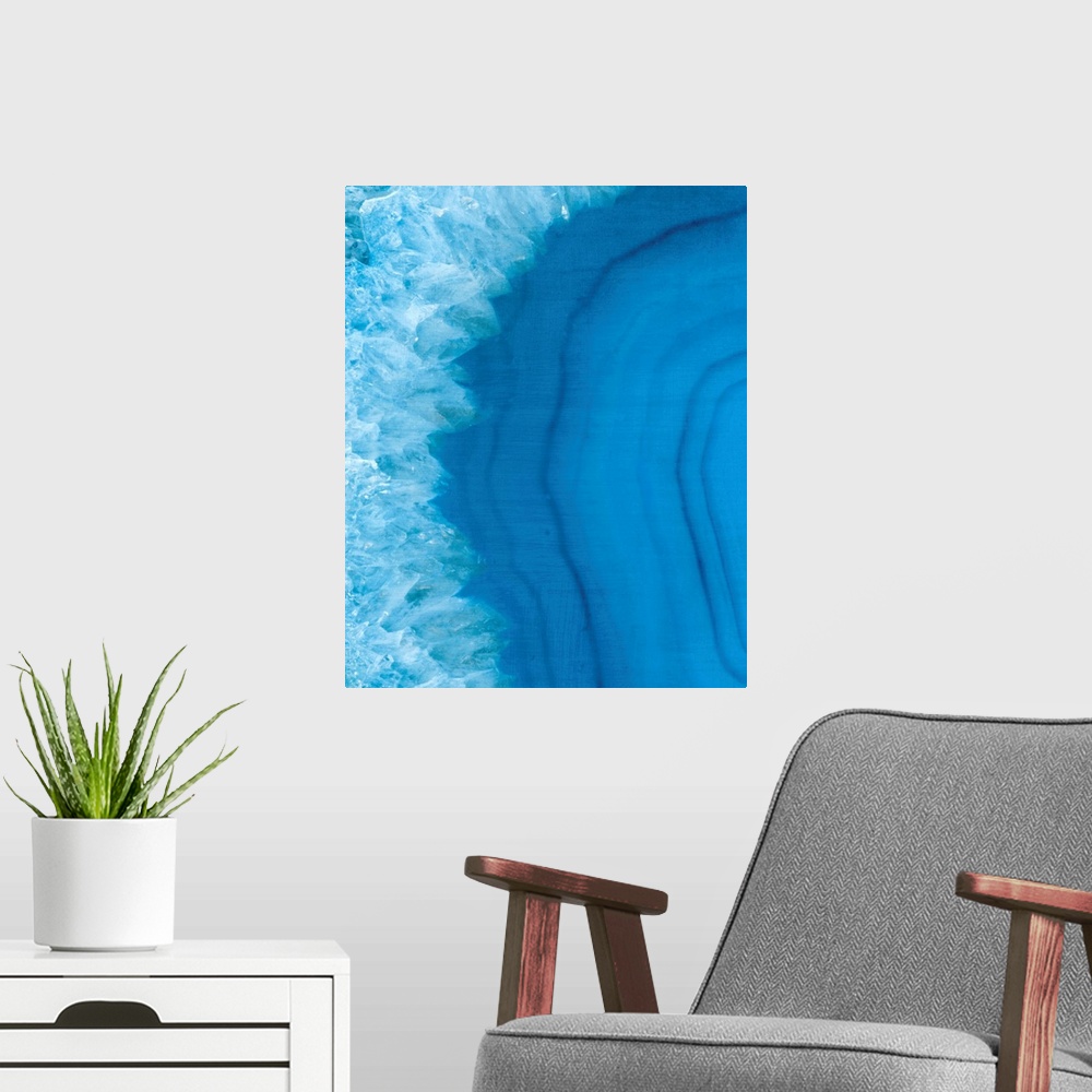 A modern room featuring Close up of a slice of blue agate stone.
