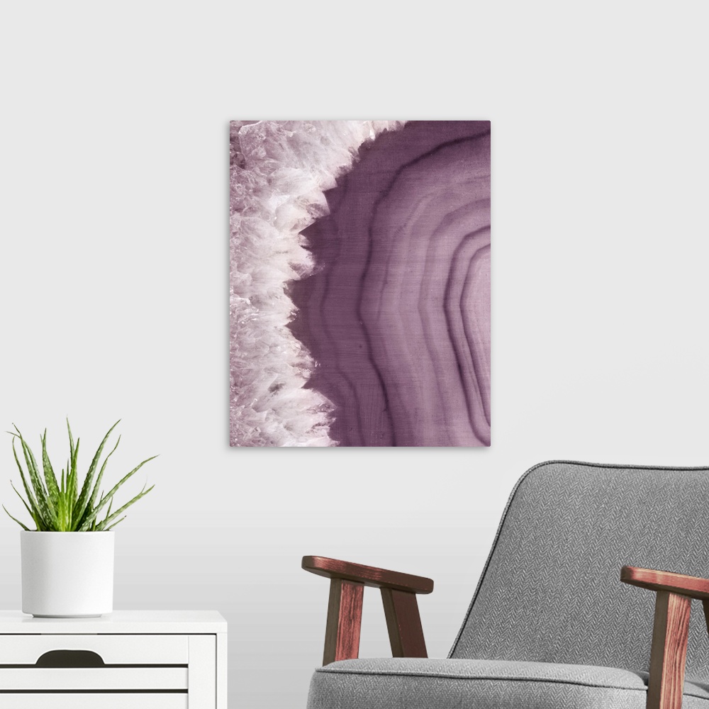 A modern room featuring Close-up artwork of plum and white colored agate.