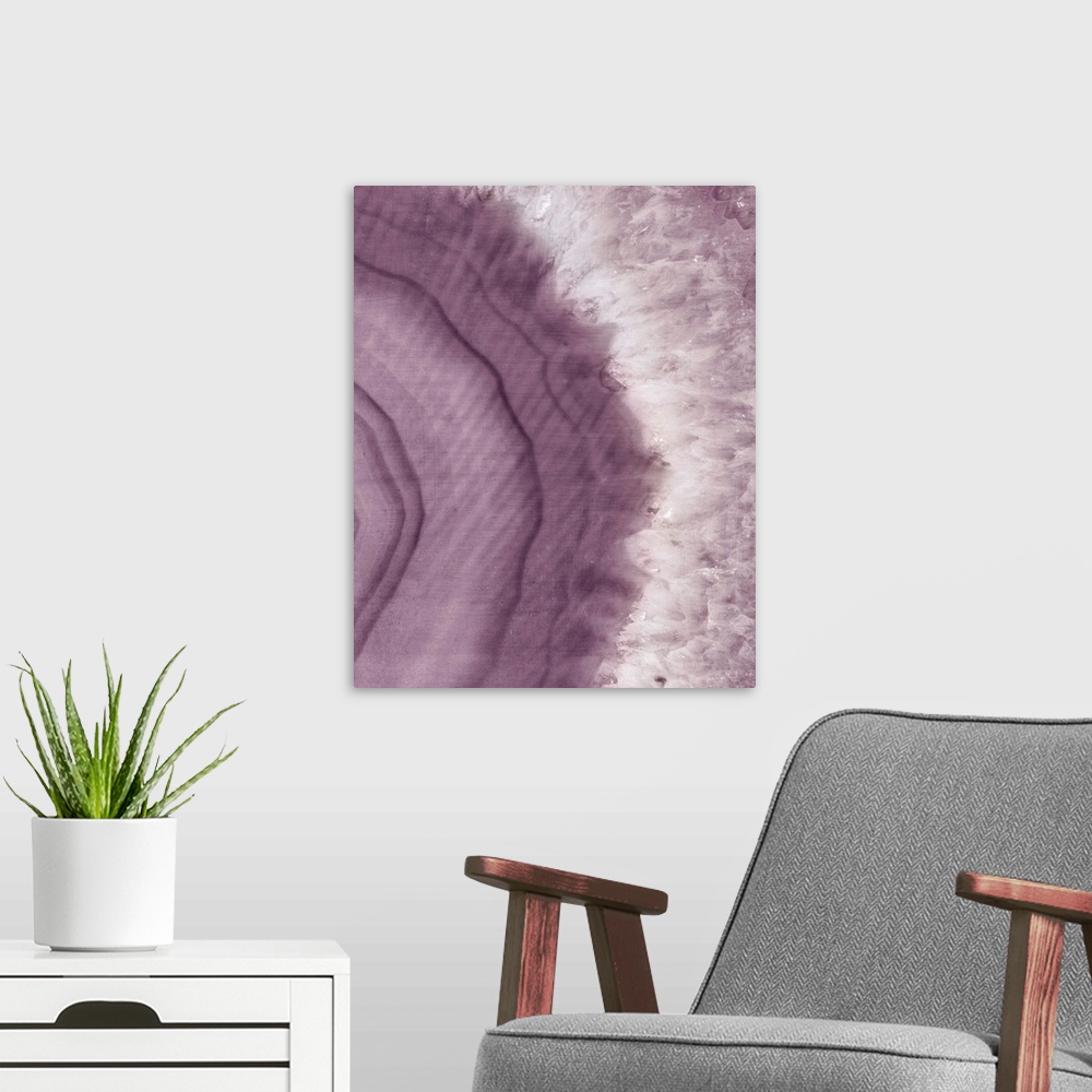 A modern room featuring Close-up artwork of plum and white colored agate.