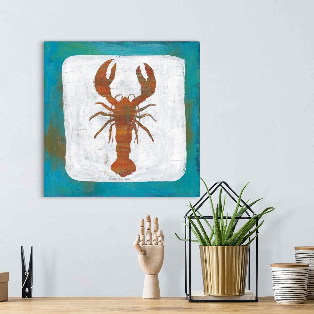A bohemian room featuring Square painting of a lobster on a white background with a blue boarder and tiny faint scratch mar...